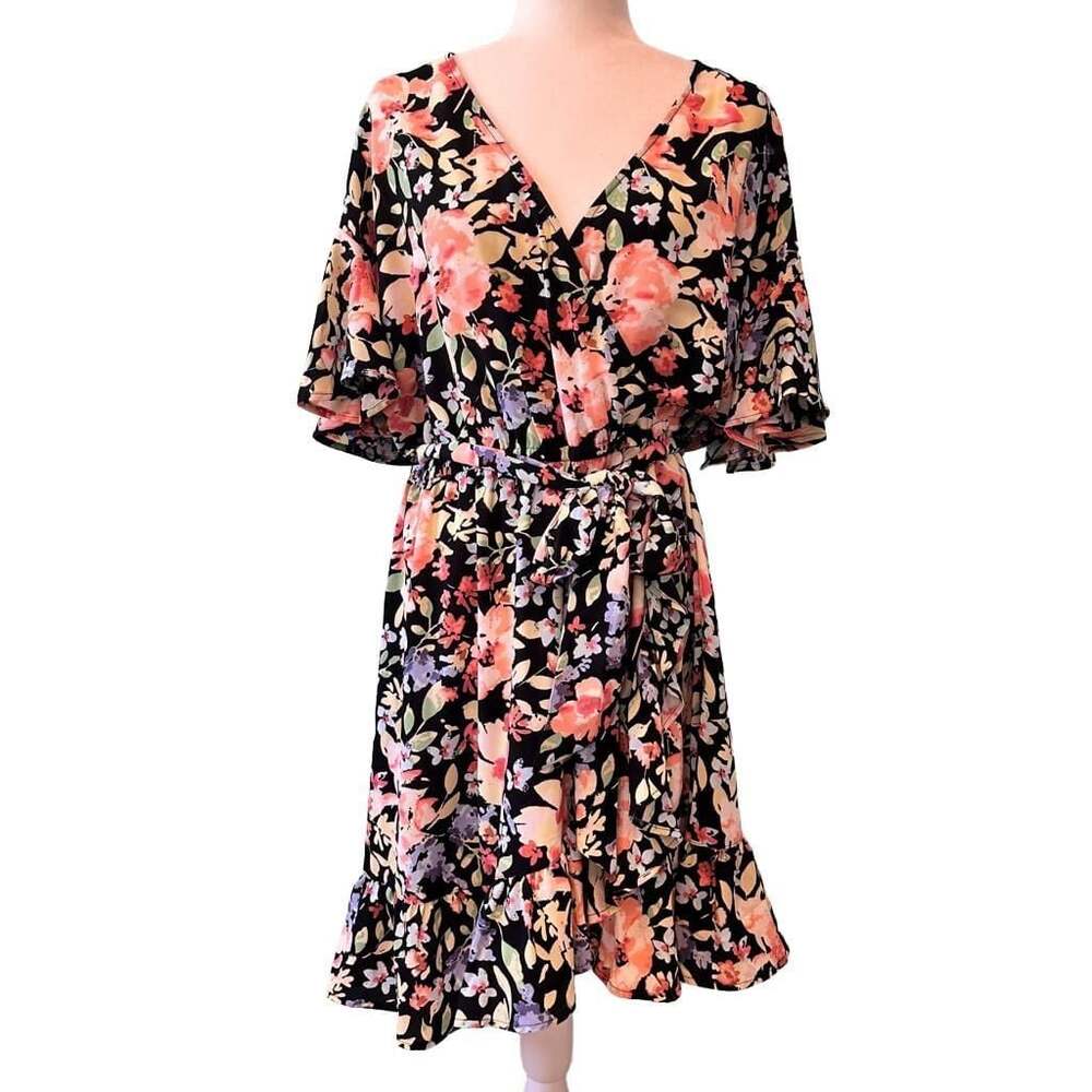 LC Lauren Conrad Women XL Black Floral Print Short Sleeve Belted Dress
